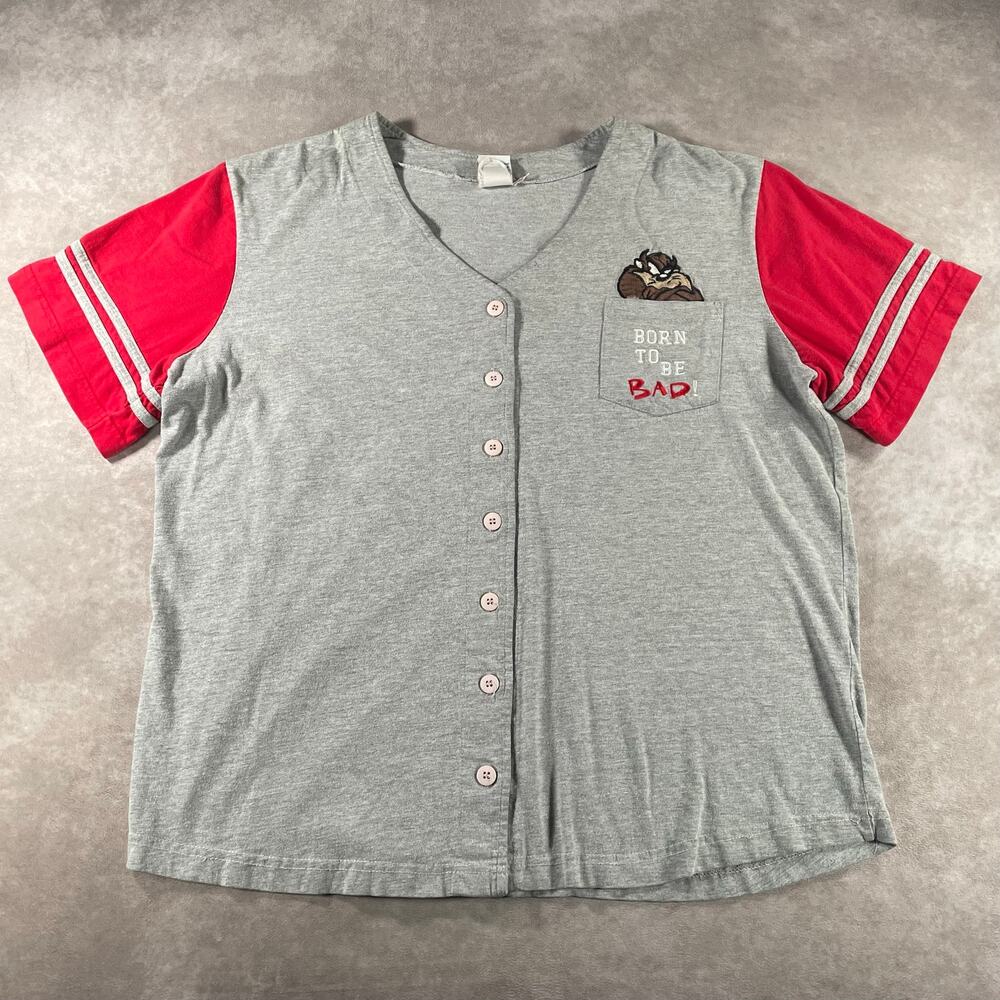 Vintage Women's Looney Tunes Taz Devil Button Down Sleep Shirt Grey XL